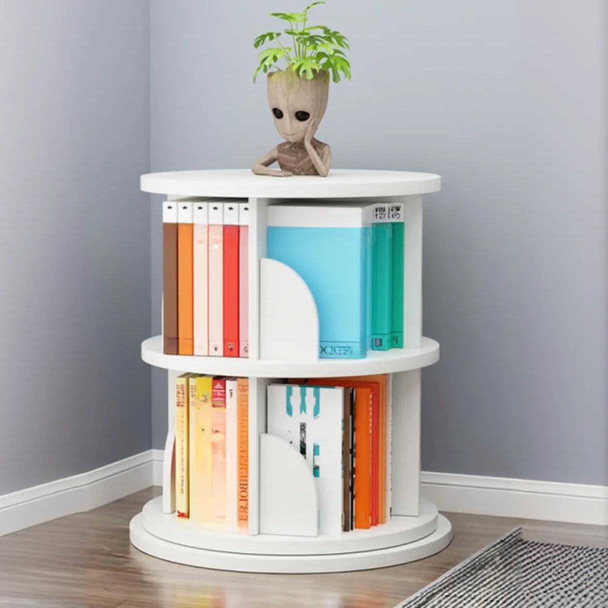 Stylish Round Revolver Tower Wooden Storage Bookcase Image - 3