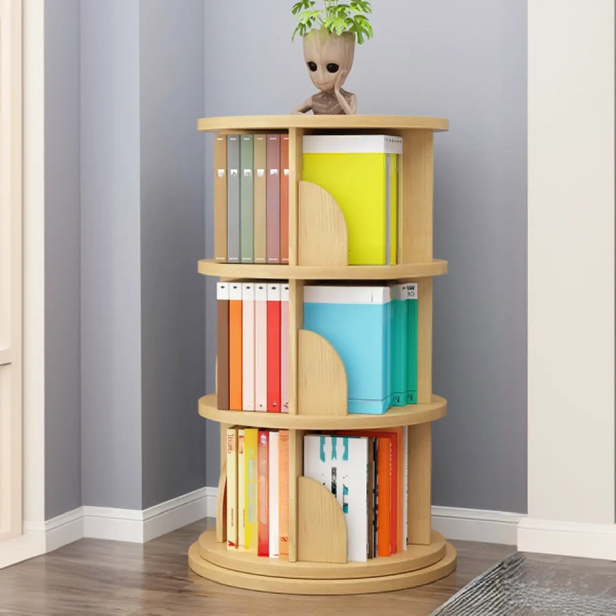 Stylish Round Revolver Tower Wooden Storage Bookcase Image - 4