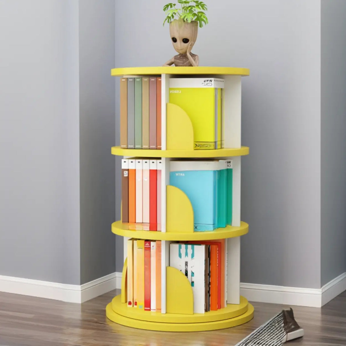 Stylish Round Revolver Tower Wooden Storage Bookcase Image - 7