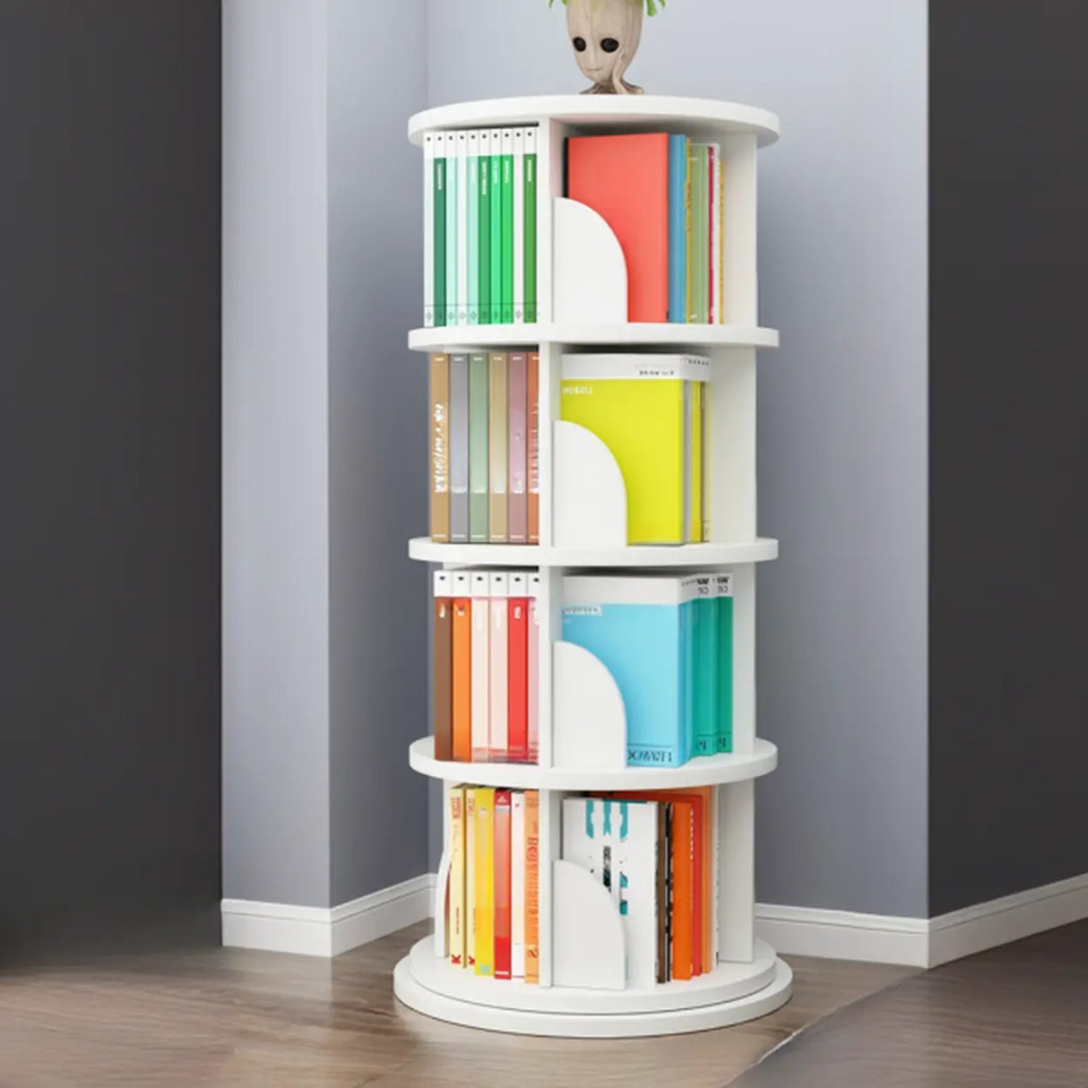 Stylish Round Revolver Tower Wooden Storage Bookcase Image - 8