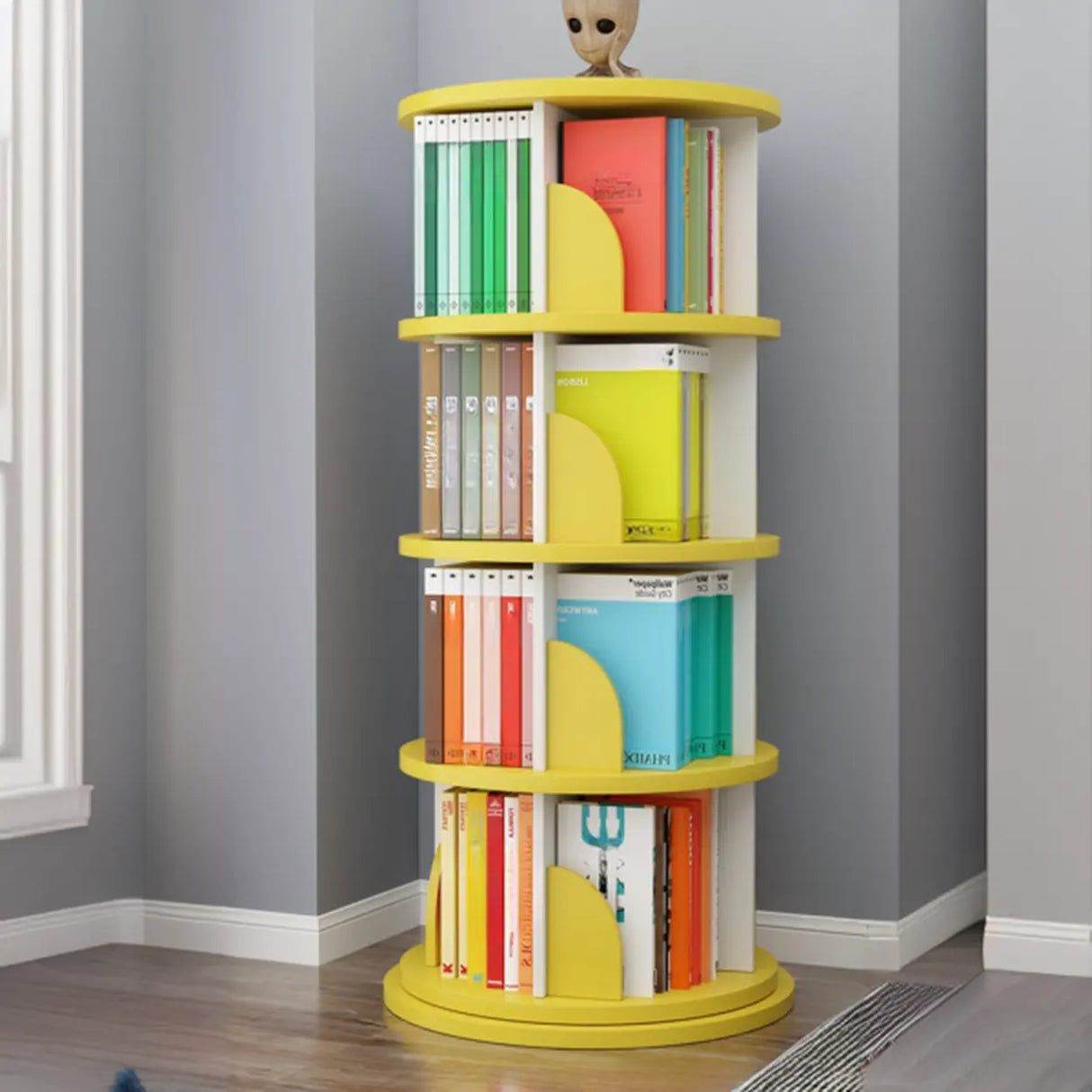 Stylish Round Revolver Tower Wooden Storage Bookcase Image - 9