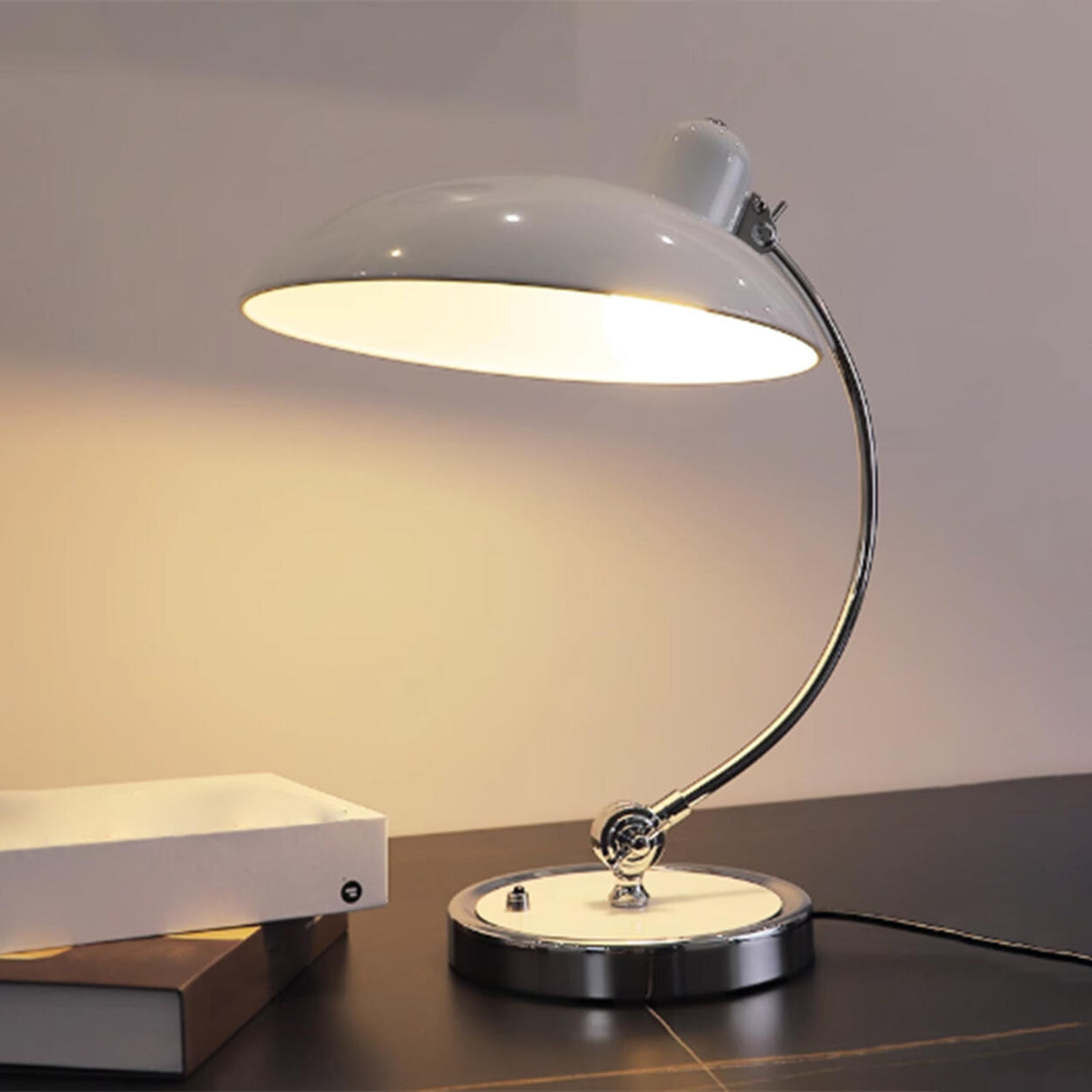 Stylish Silver Metal Curved Arm Bowl-Shaped Table Lamp Image - 11