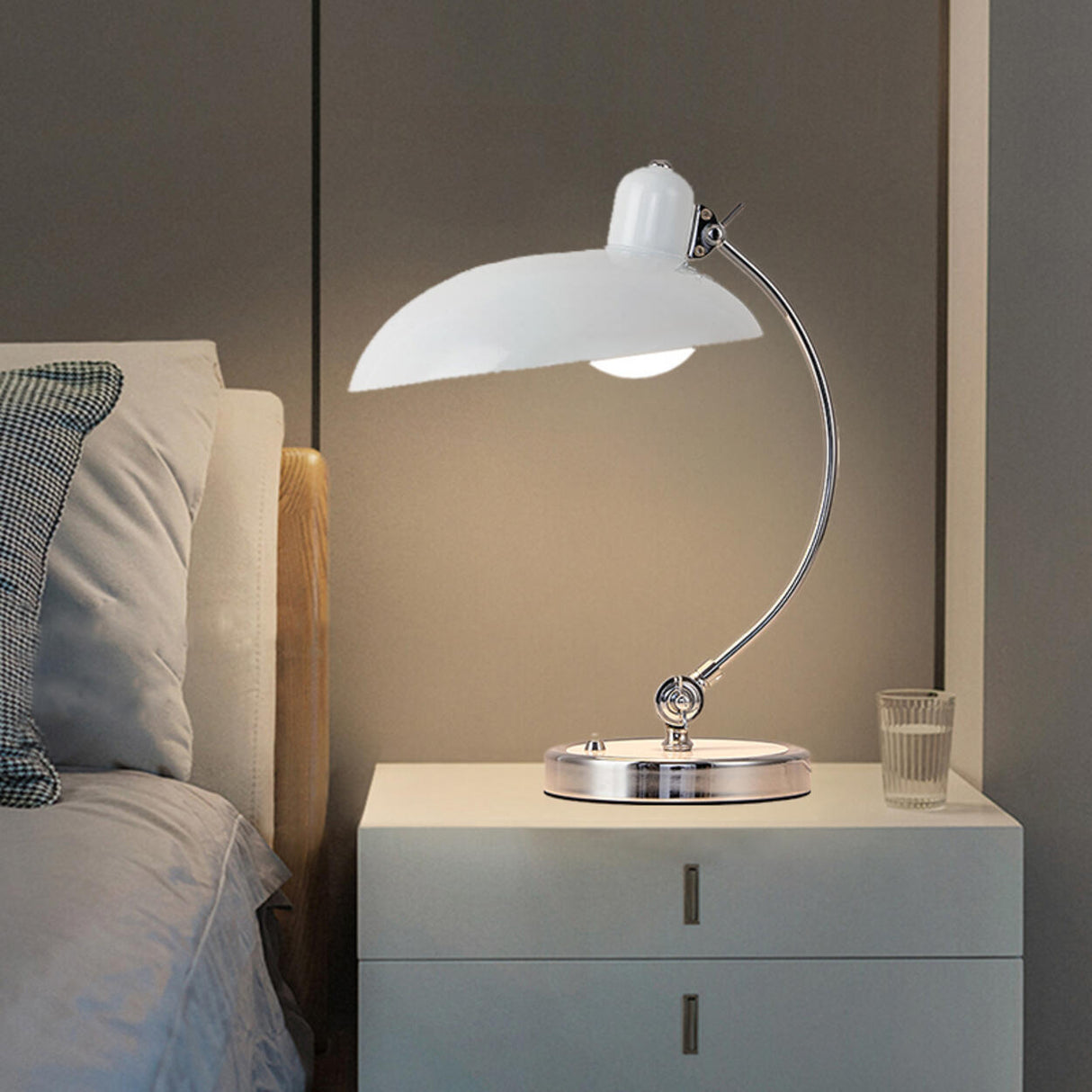 Stylish Silver Metal Curved Arm Bowl-Shaped Table Lamp Image - 2