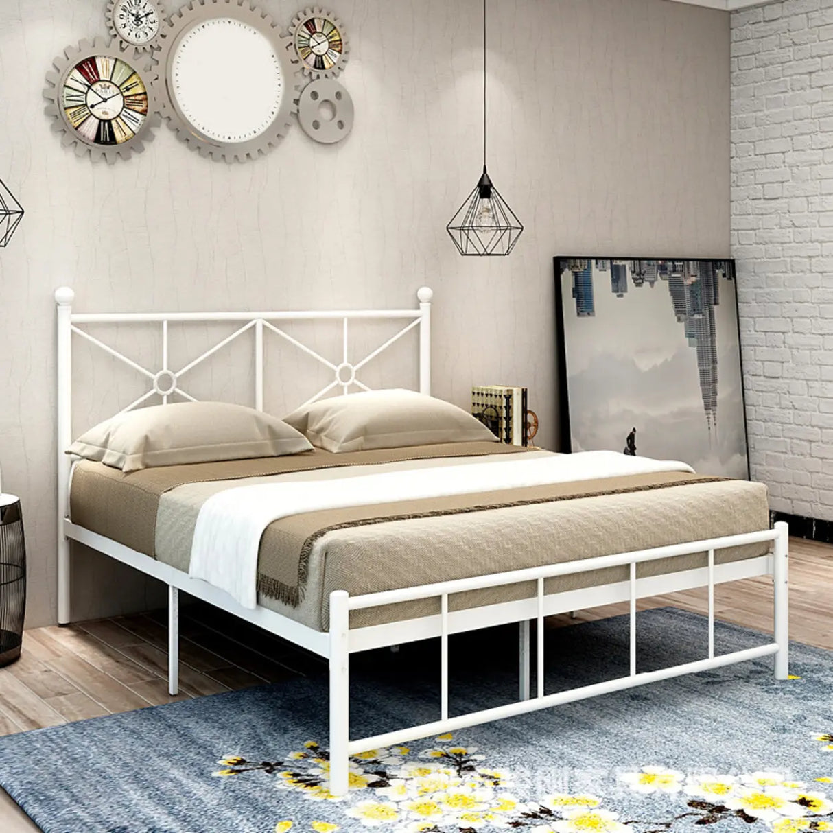 Stylish White Queen Easy Assembly Metal Open-Frame Bed Image - 1