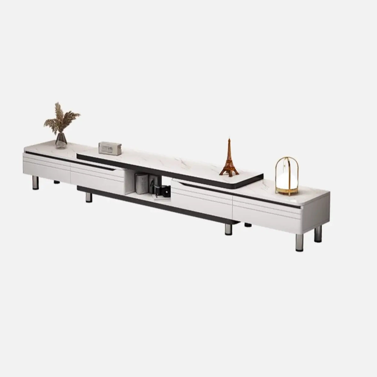 Stylish White Rectangle Stone Open Storage TV Stand Image - 17