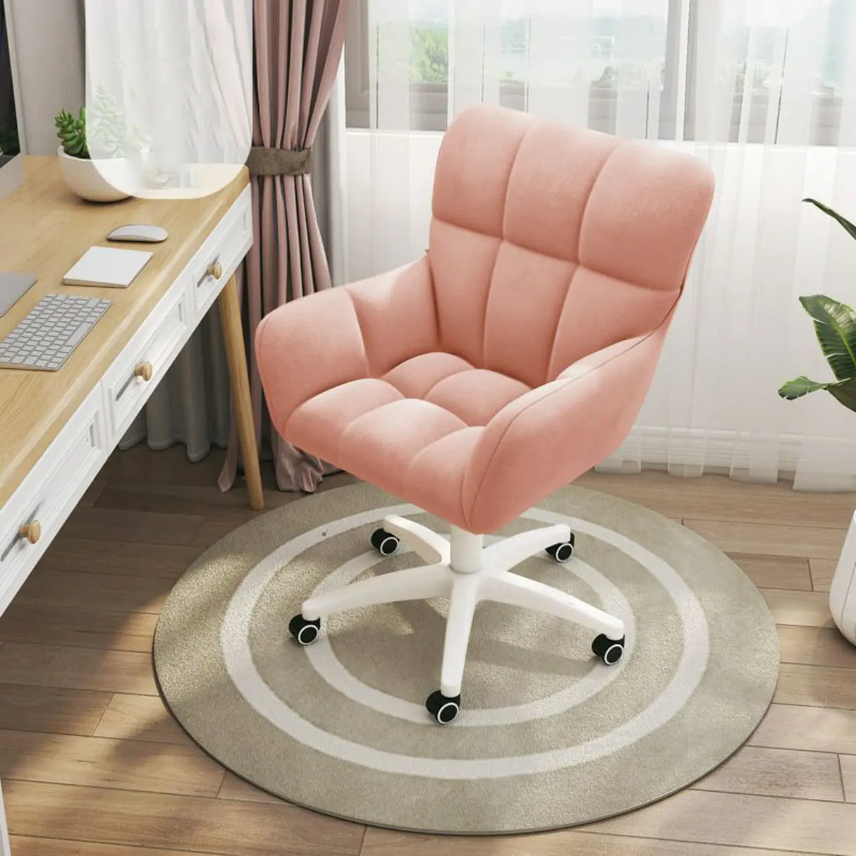 Stylish White Upholstered Swivel Office Chair with Casters Image - 11