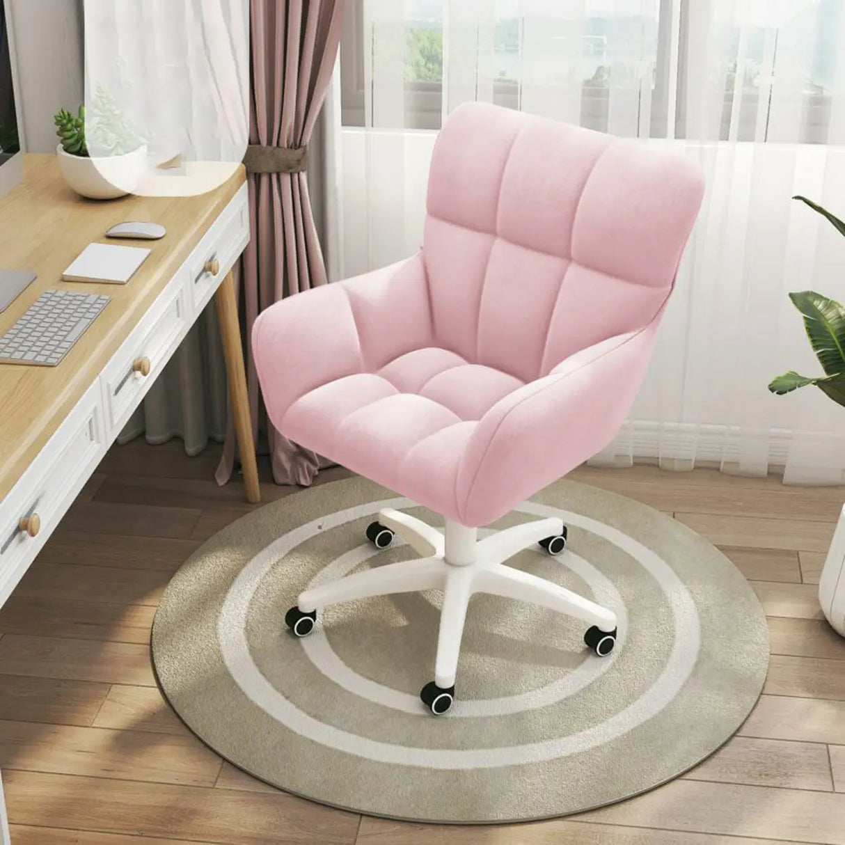 Stylish White Upholstered Swivel Office Chair with Casters Image - 2