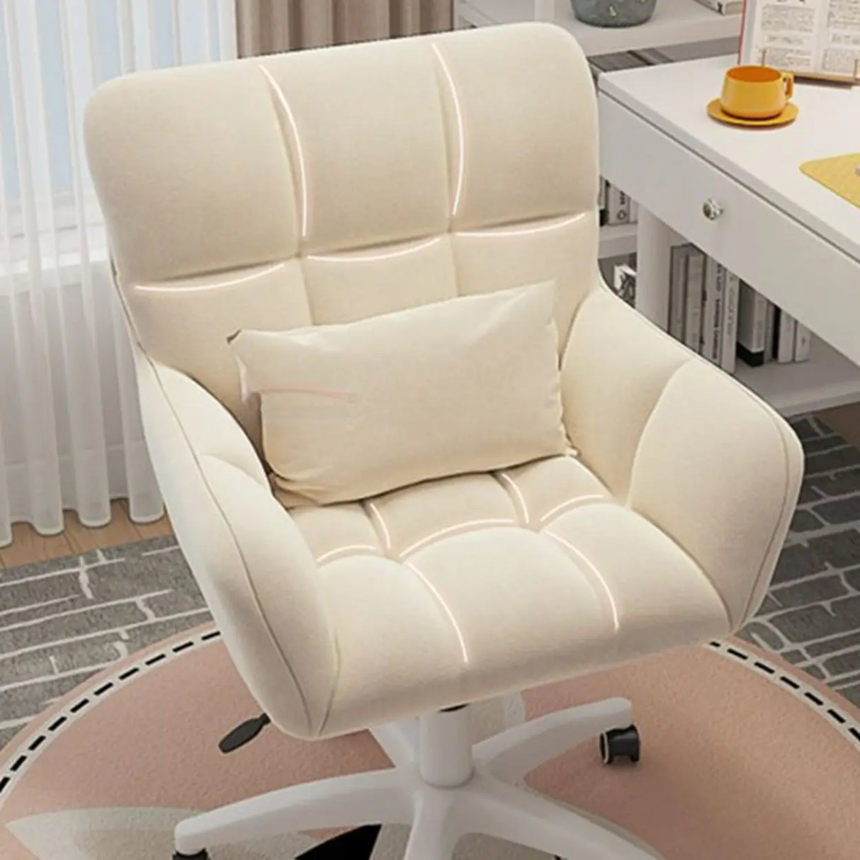 Stylish White Upholstered Swivel Office Chair with Casters Image - 14