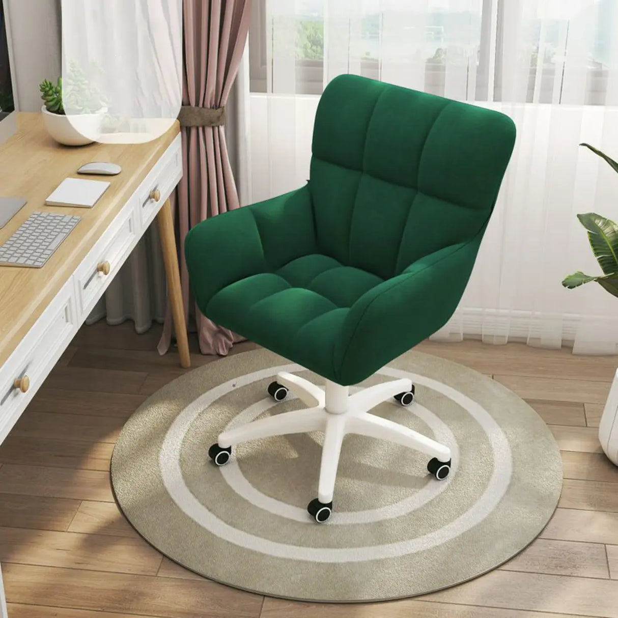 Stylish White Upholstered Swivel Office Chair with Casters Image - 4