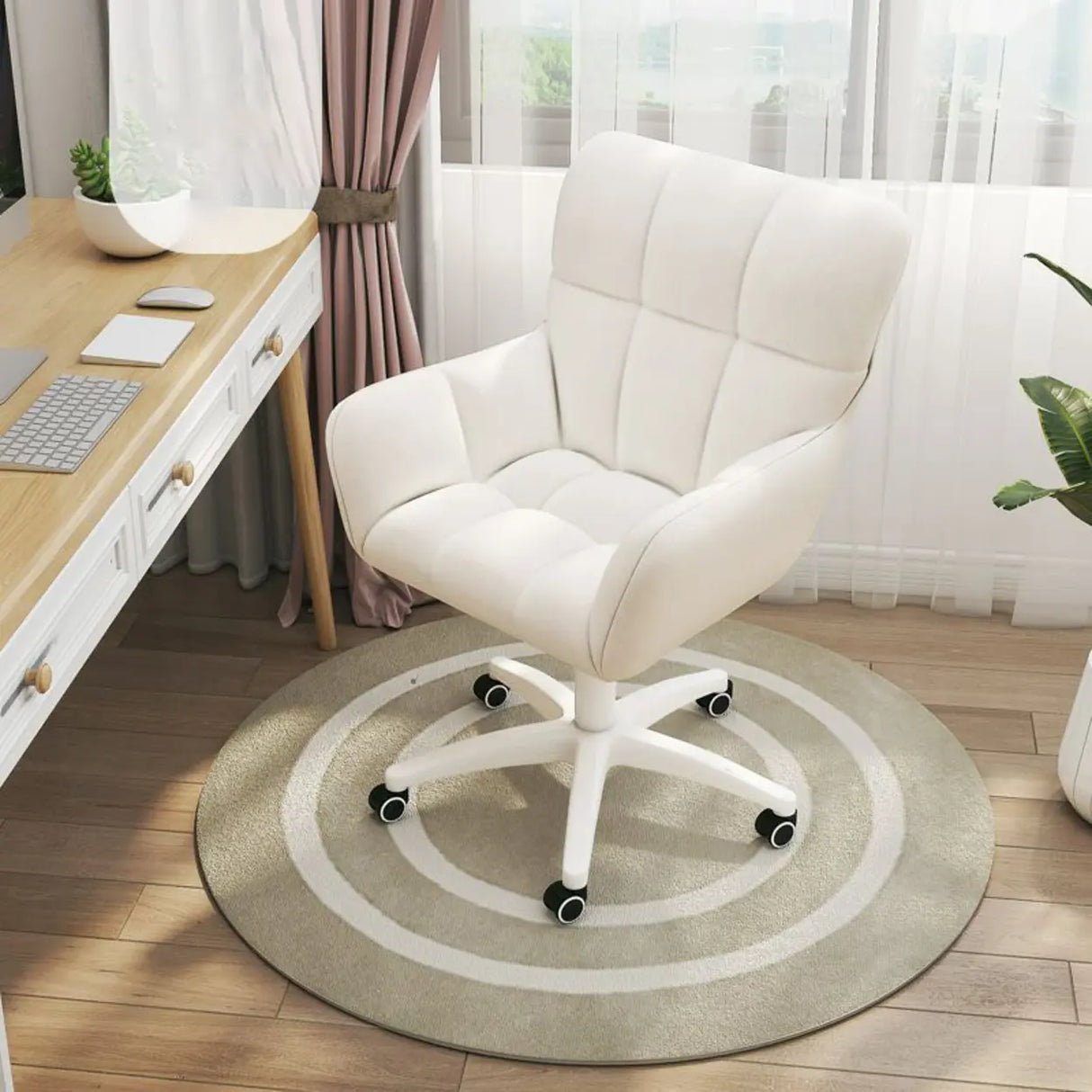 Stylish White Upholstered Swivel Office Chair with Casters Image - 6
