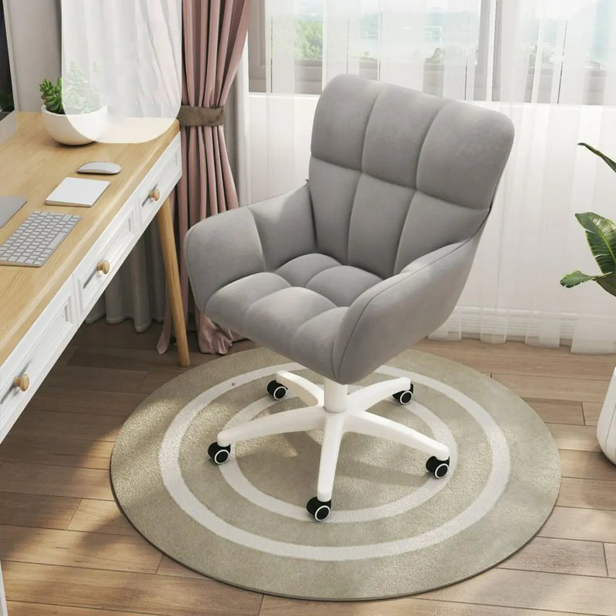 Stylish White Upholstered Swivel Office Chair with Casters Image - 9