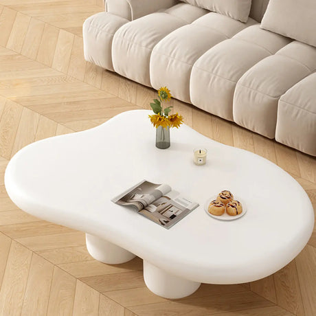 Stylish White Wood Free Form Four Legs Low Coffee Table Image - 1