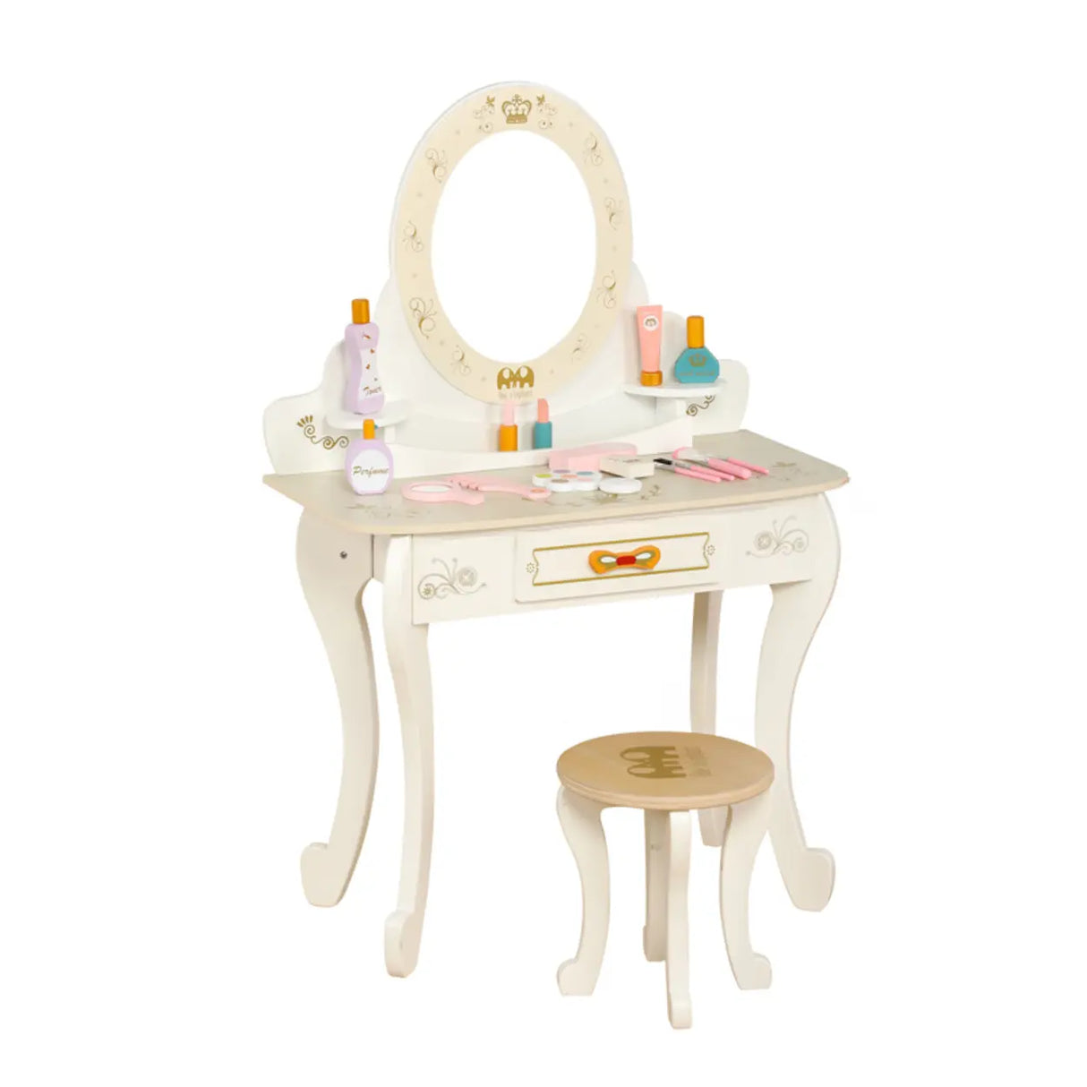 Stylish Wood Oval Mirror Storage Drawer Kids Vanity Set Image - 2