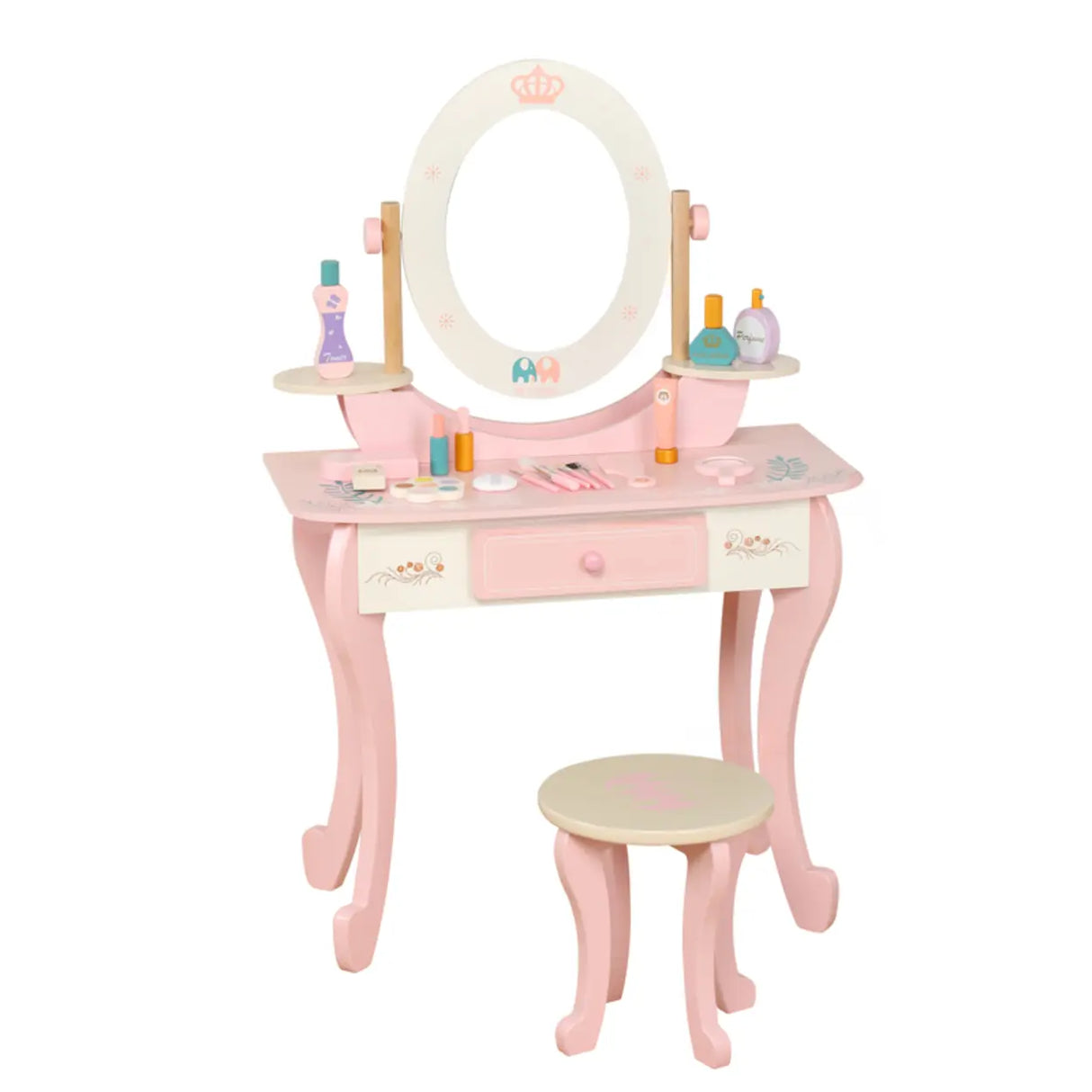 Stylish Wood Oval Mirror Storage Drawer Kids Vanity Set Image - 4