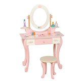 Stylish Wood Oval Mirror Storage Drawer Kids Vanity Set Image - 4