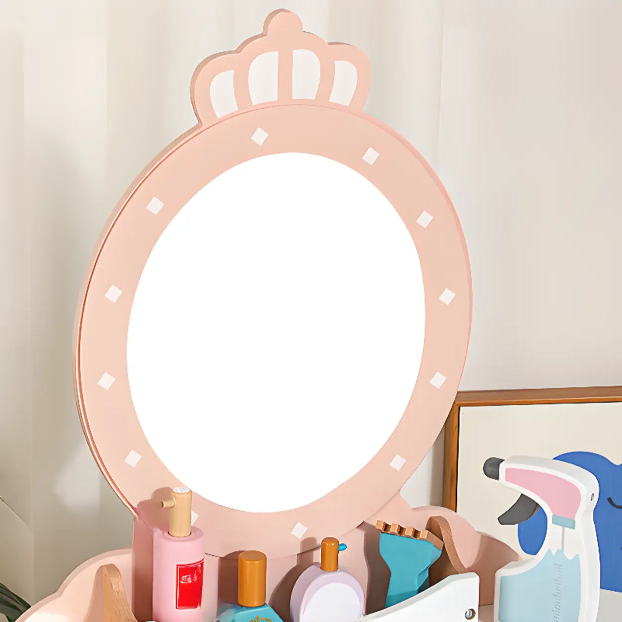 Stylish Wood Oval Mirror Storage Drawer Kids Vanity Set Image - 5