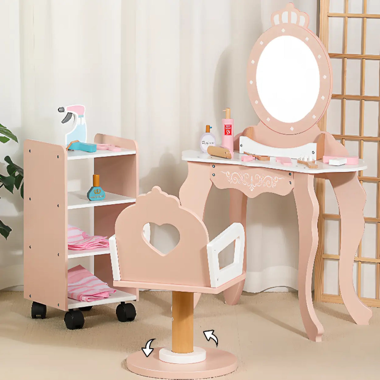 Stylish Wood Oval Mirror Storage Drawer Kids Vanity Set Image - 6