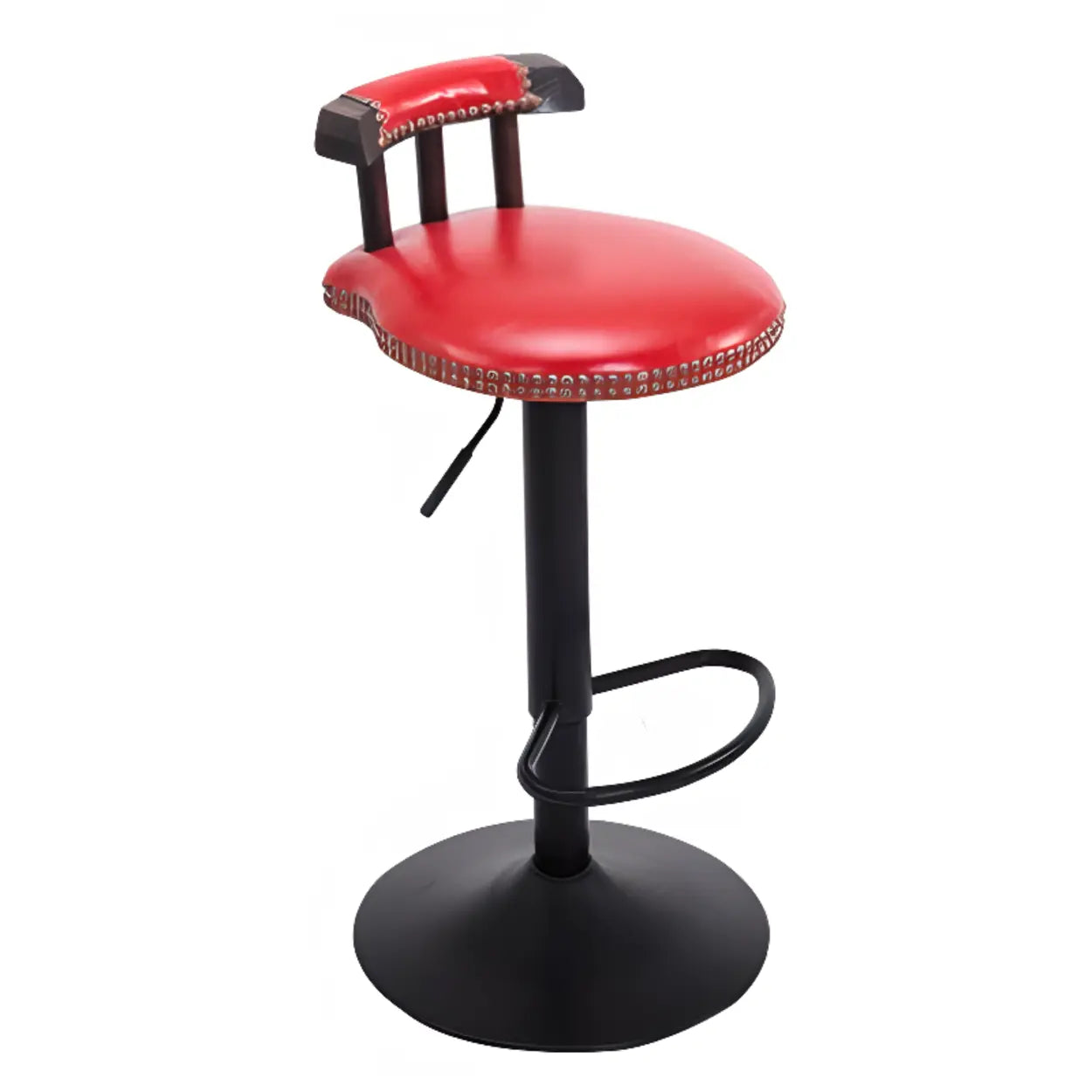 Red Swivel Adjustable Round Leather Bar Stool with Back Image - 15