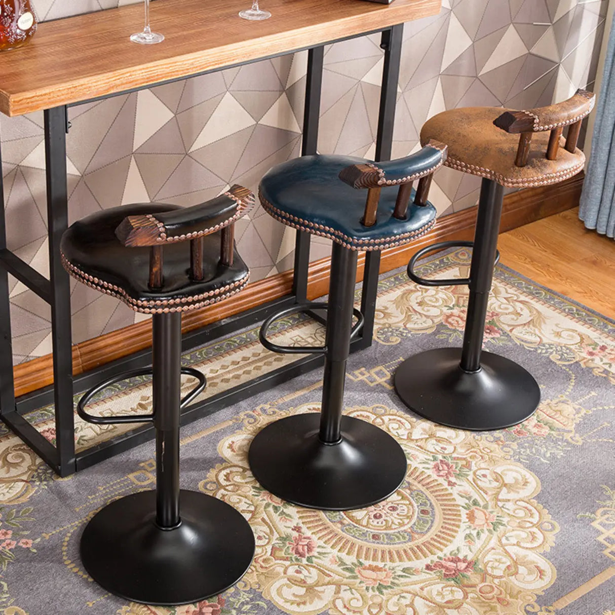 Swivel Adjustable Round Leather Bar Stool with Back Image - 4