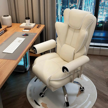Swivel Cream Ergonomic Leather Adjustable Office Chair Image - 1