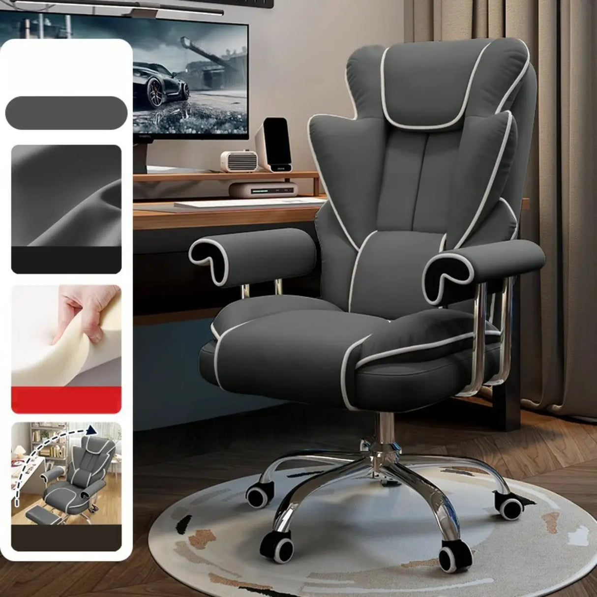Swivel Cream Ergonomic Leather Adjustable Office Chair Image - 11