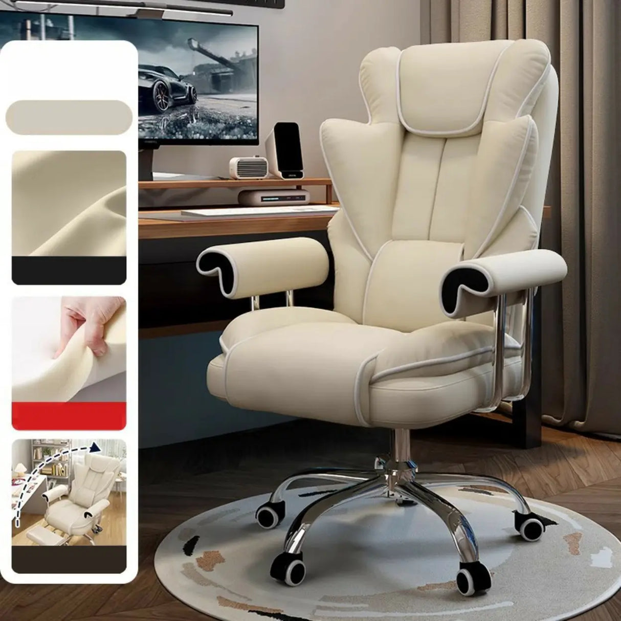 Swivel Cream Ergonomic Leather Adjustable Office Chair Image - 13