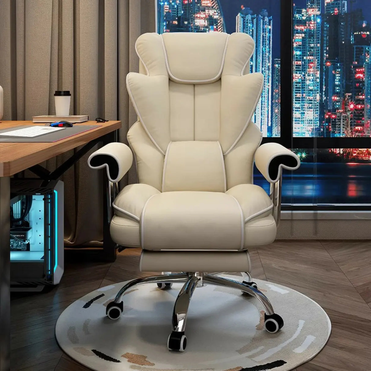 Swivel Cream Ergonomic Leather Adjustable Office Chair Image - 18