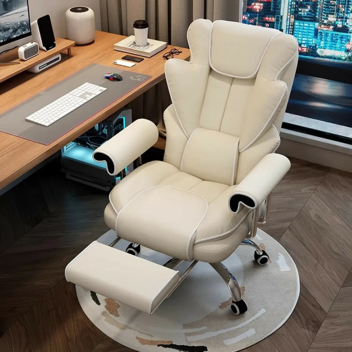Swivel Cream Ergonomic Leather Adjustable Office Chair Image - 5
