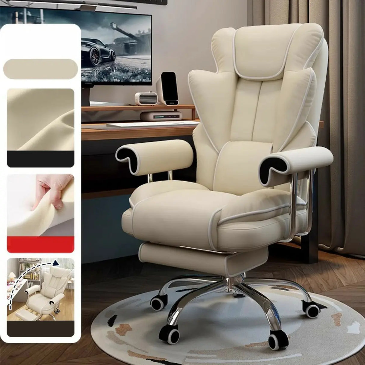 Swivel Cream Ergonomic Leather Adjustable Office Chair Image - 6