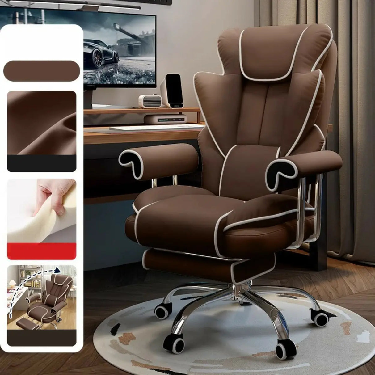 Swivel Cream Ergonomic Leather Adjustable Office Chair Image - 7