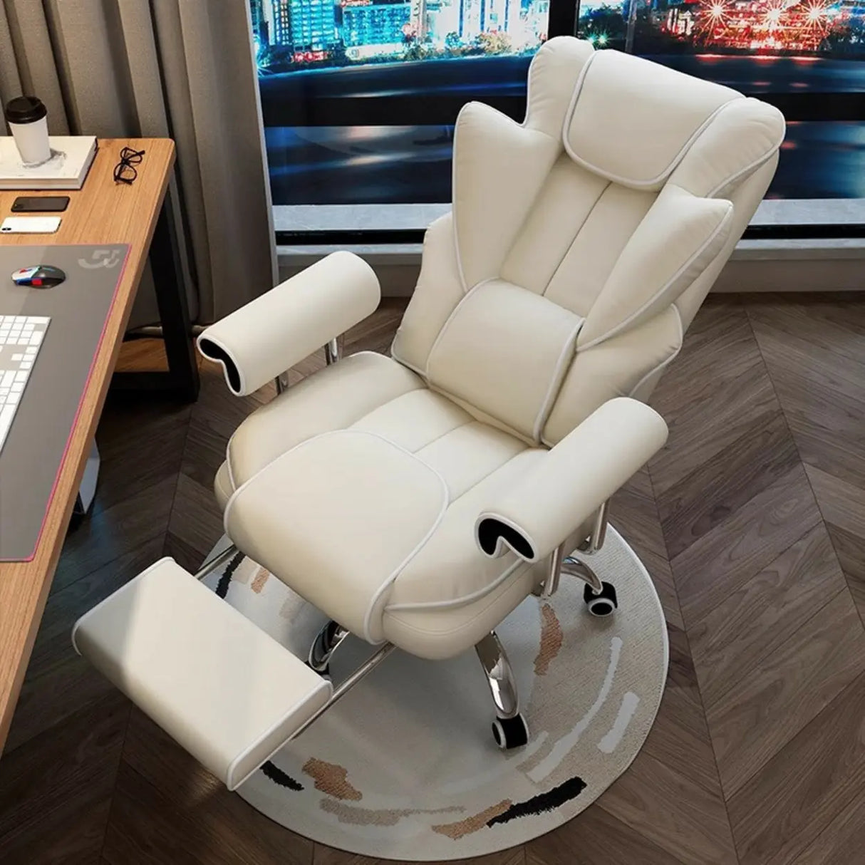 Swivel Cream Ergonomic Leather Adjustable Office Chair Image - 8
