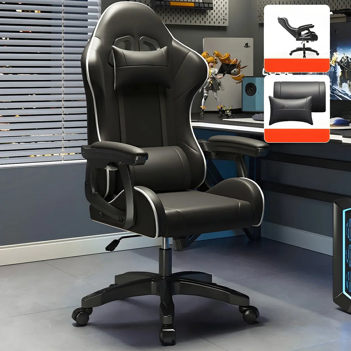 Swivel Ergonomic Leather Lumbar Pillow Gaming Office Chair Image - 10