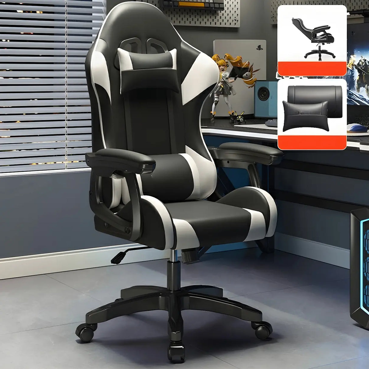 Swivel Ergonomic Leather Lumbar Pillow Gaming Office Chair Image - 11