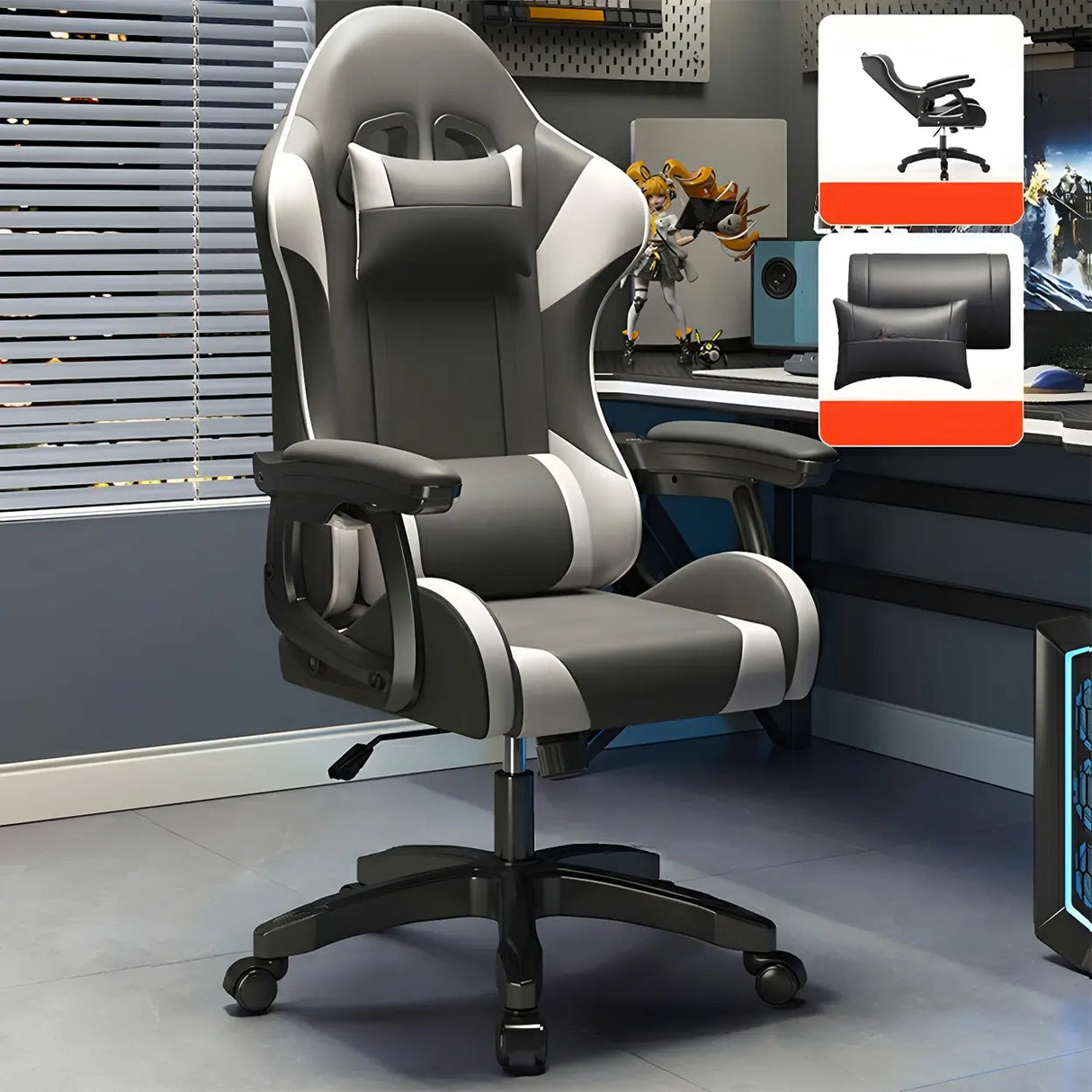 Swivel Ergonomic Leather Lumbar Pillow Gaming Office Chair Image - 13