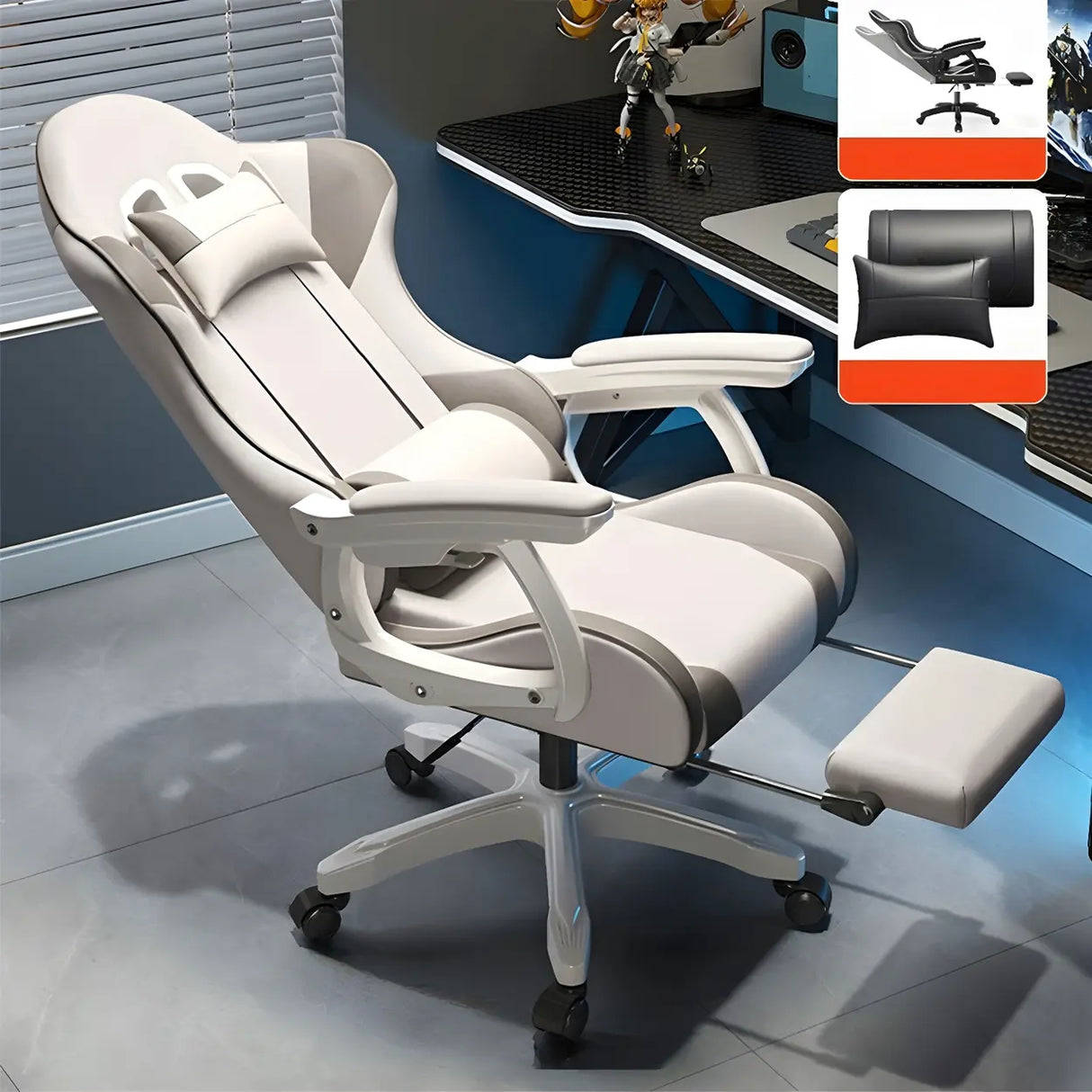 Swivel Ergonomic Leather Lumbar Pillow Gaming Office Chair Image - 18
