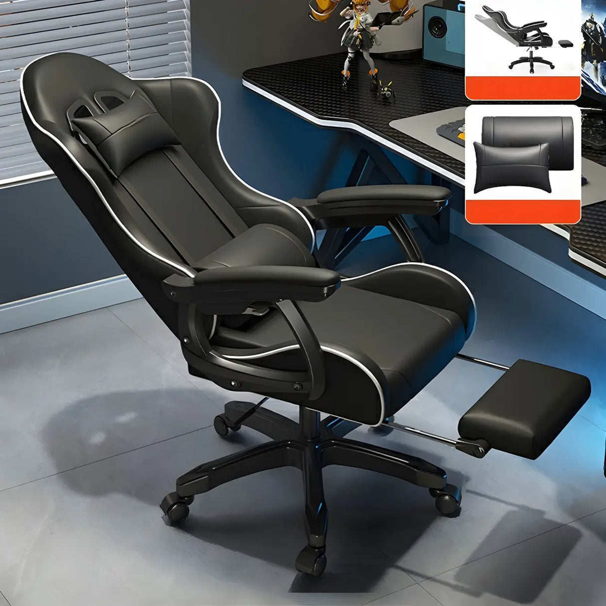 Swivel Ergonomic Leather Lumbar Pillow Gaming Office Chair Image - 2