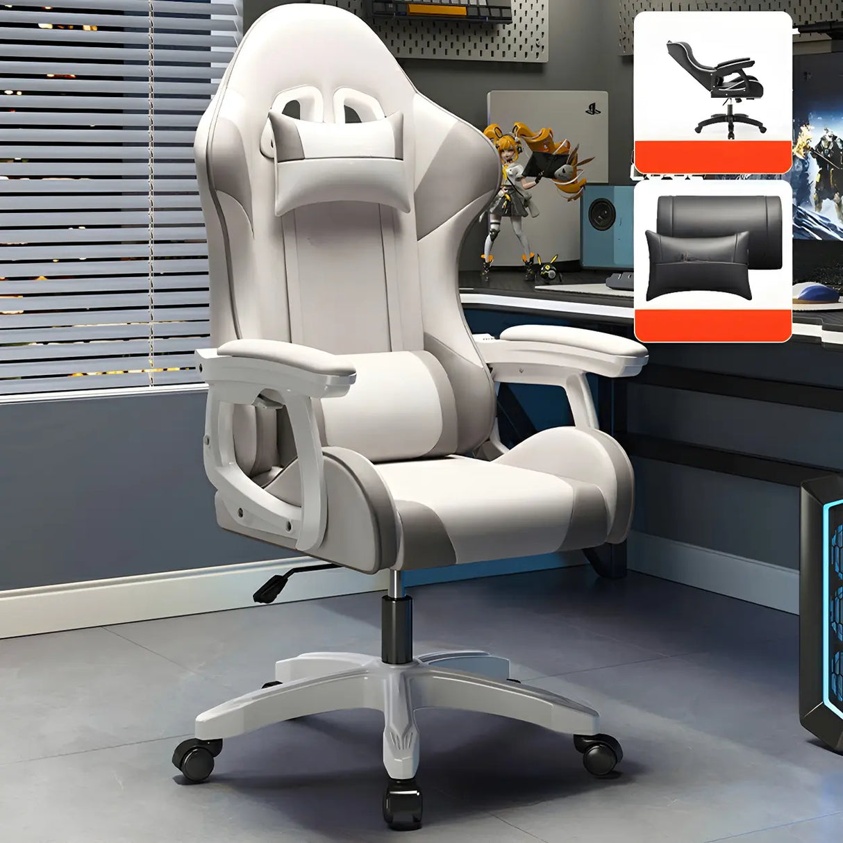 Swivel Ergonomic Leather Lumbar Pillow Gaming Office Chair Image - 22