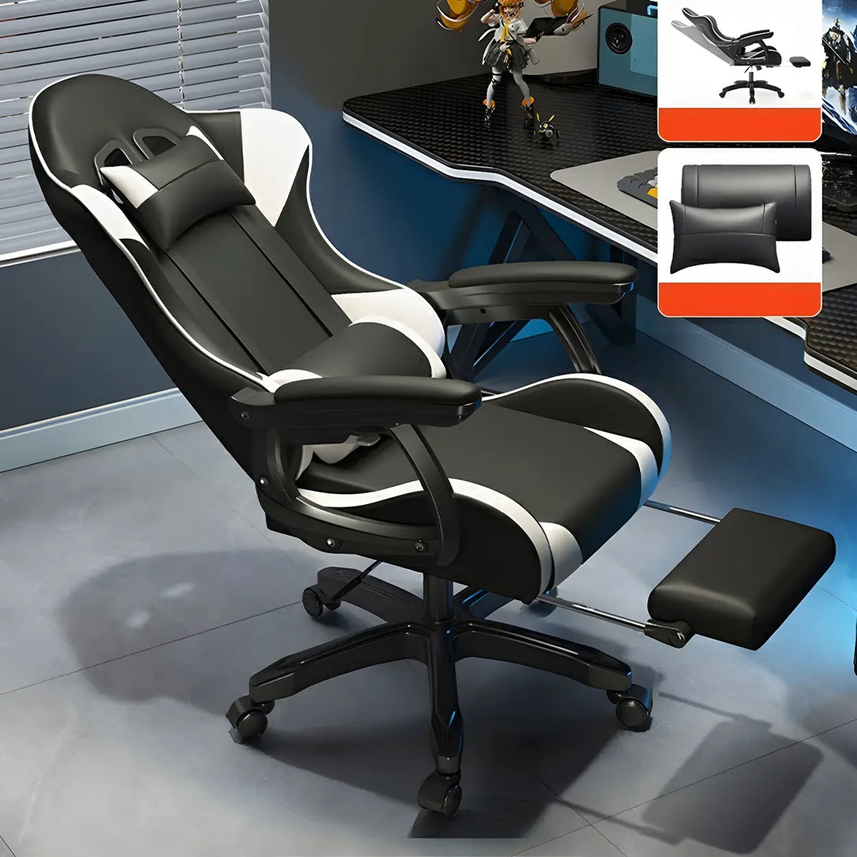 Swivel Ergonomic Leather Lumbar Pillow Gaming Office Chair Image - 3