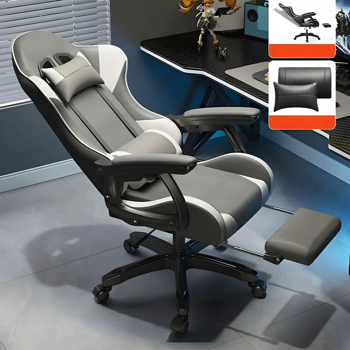 Swivel Ergonomic Leather Lumbar Pillow Gaming Office Chair Image - 6