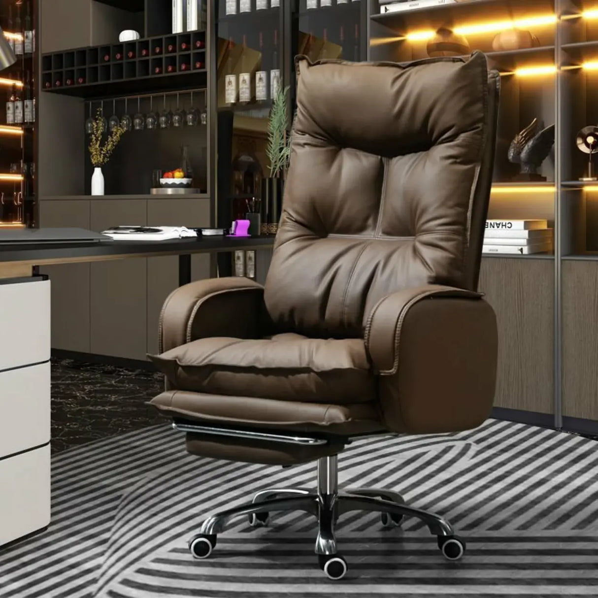 Swivel Fixed Arms Ergonomic Recliner Leather Office Chair Image - 1