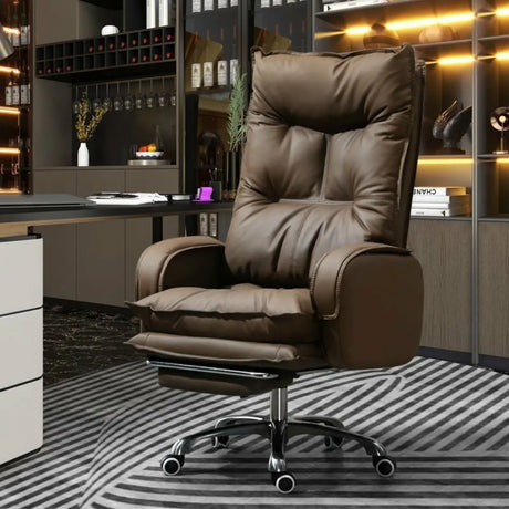 Swivel Fixed Arms Ergonomic Recliner Leather Office Chair Image - 1