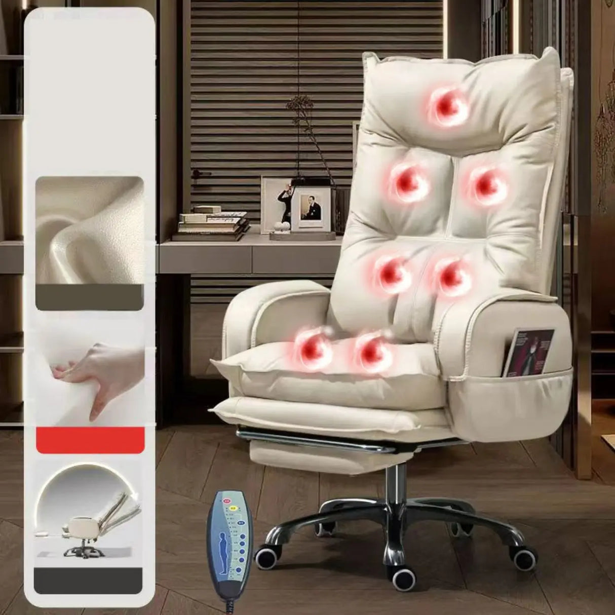 Swivel Fixed Arms Ergonomic Recliner Leather Office Chair Image - 6