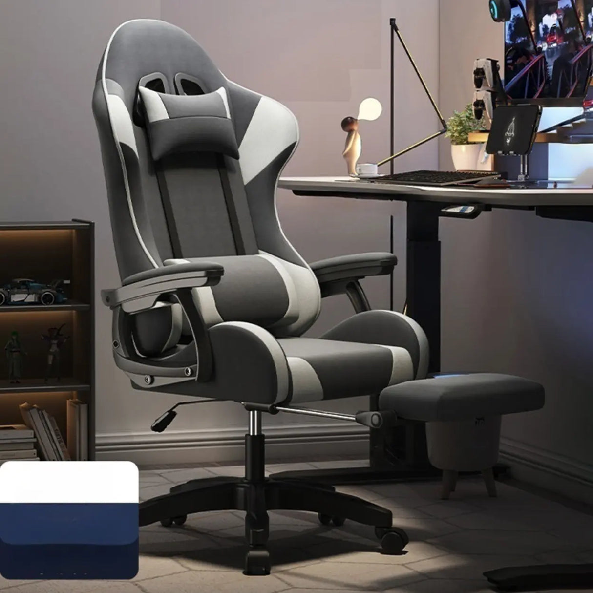 Swivel Pillow Fabric Gaming Office Gray Chair with Headrest Image - 11