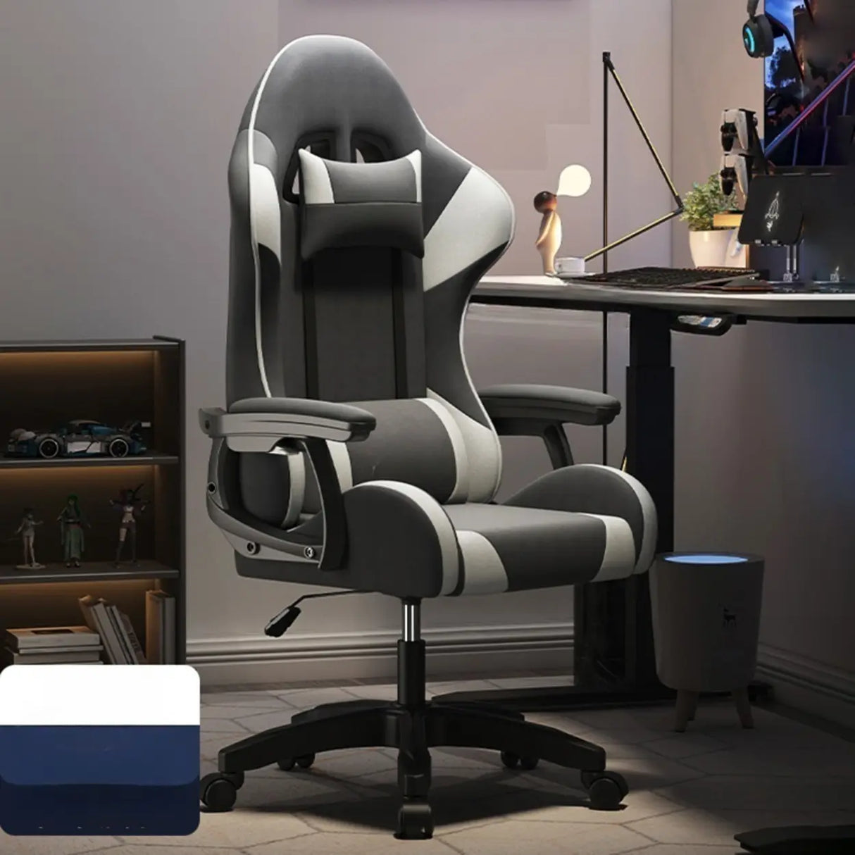 Swivel Pillow Fabric Gaming Office Gray Chair with Headrest Image - 15