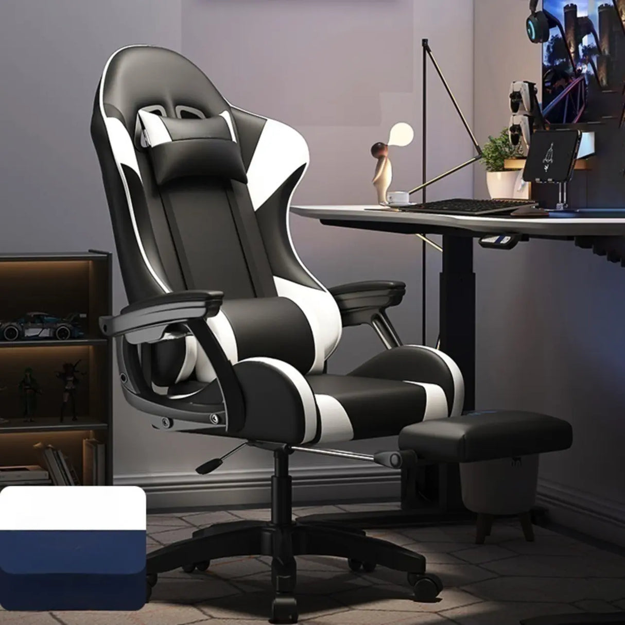 Swivel Pillow Fabric Gaming Office Gray Chair with Headrest Image - 3
