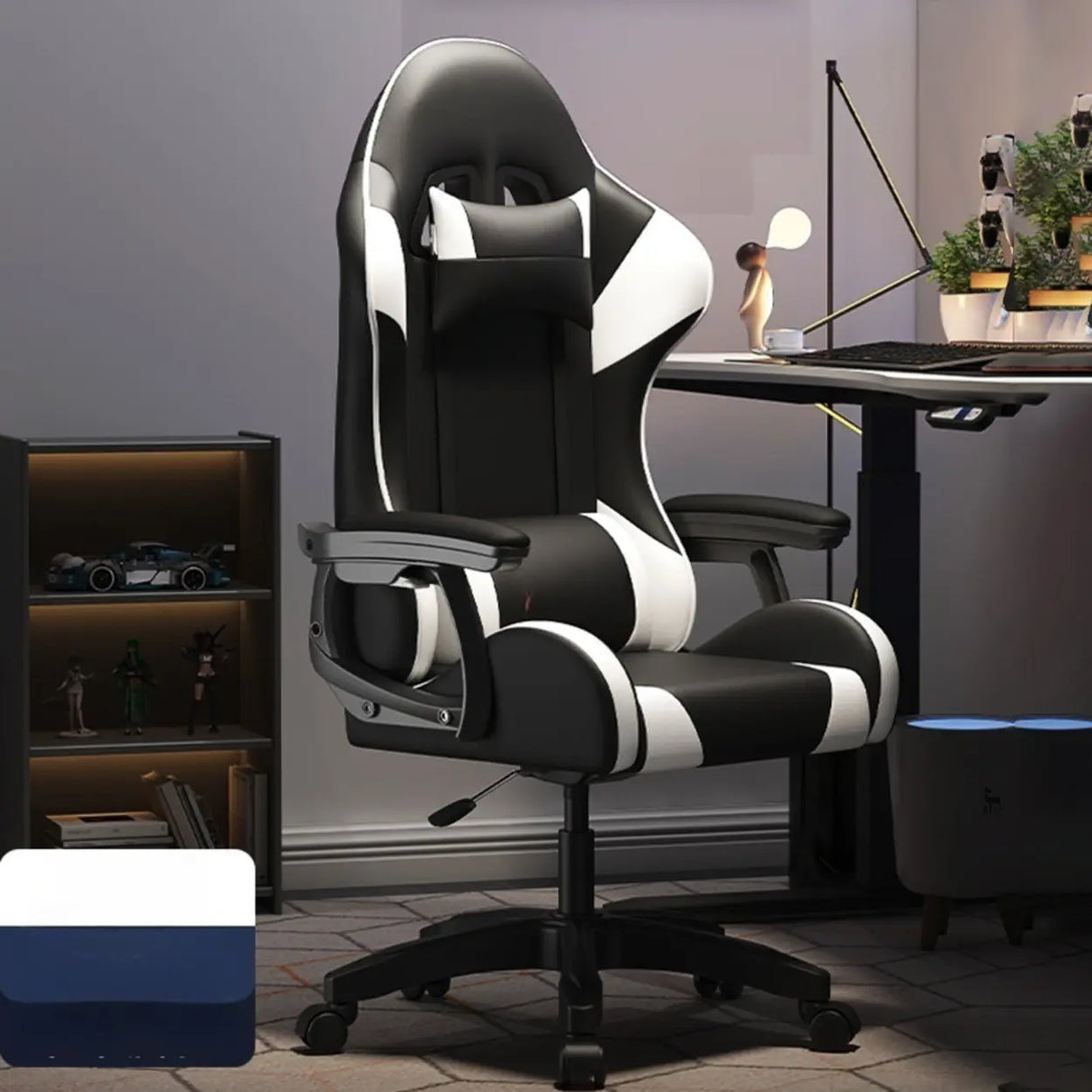 Swivel Pillow Fabric Gaming Office Gray Chair with Headrest Image - 5