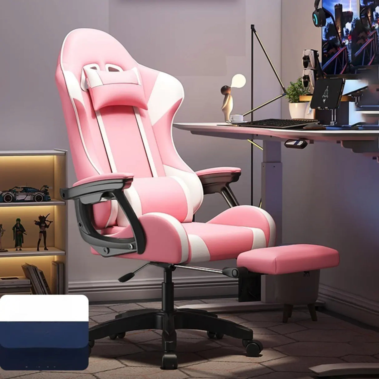 Swivel Pillow Fabric Gaming Office Gray Chair with Headrest Image - 9