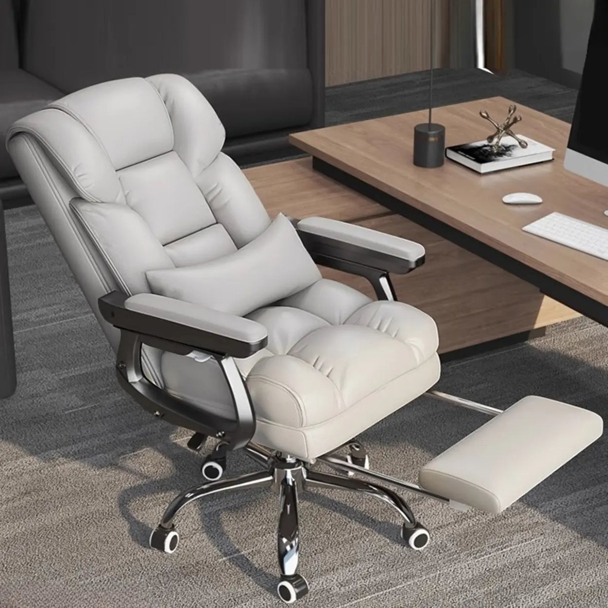 Swivel Reclining Leather Office Chair with Lumbar Support Image - 1