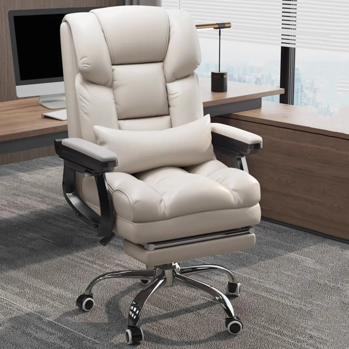 Swivel Reclining Leather Office Chair with Lumbar Support Image - 17