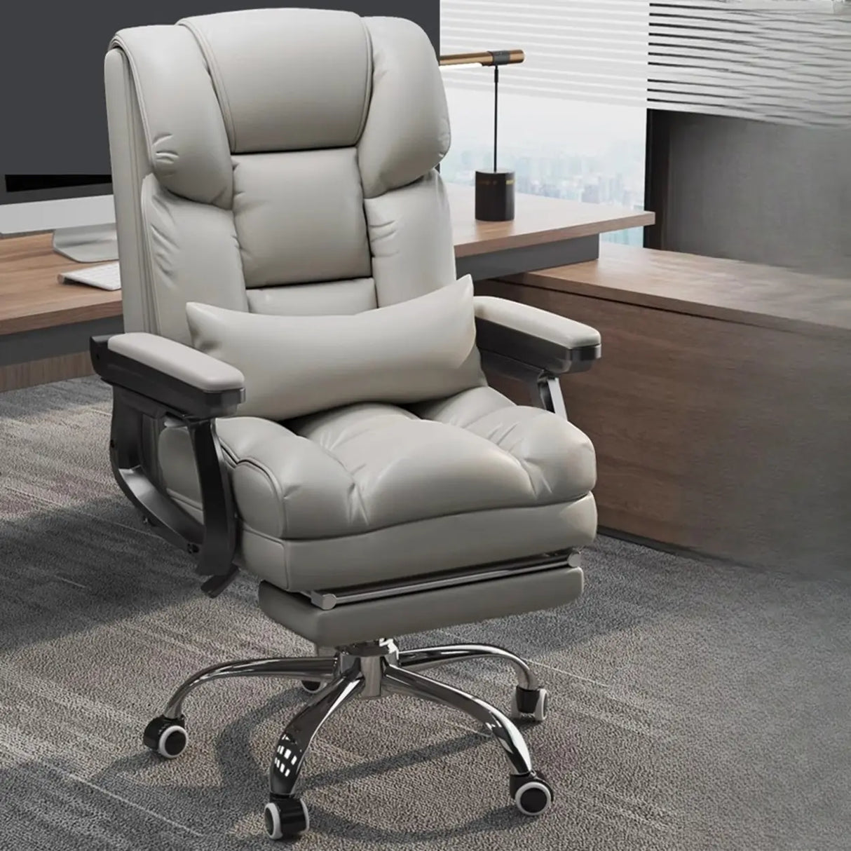 Swivel Reclining Leather Office Chair with Lumbar Support Image - 3